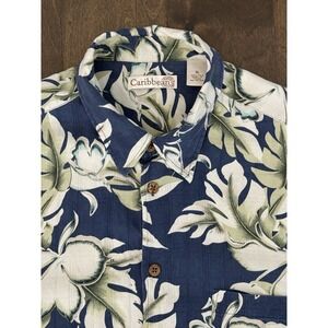 Caribbean Silk Button Down Shirt Mens Size XL Blue Floral Hawaiian Short Sleeve